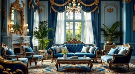 Luxurious blue living room interior design