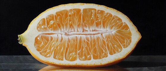 Cut citrus fruit. Black backdrop, light reflections