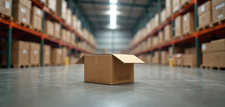 Cardboard box open warehouse floor. Warehouse clearance sale, liquidation event concept. Retail store sale, online shopping, discounts. Delivery, shipping, storage concept.