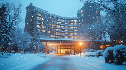Curving building in snowfall, exterior view. Evening lights glow in the windows