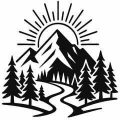 Minimalist Mountain Landscape Vector Illustration with Trees, Sun, and Winding Path, Simple Outdoor Hiking Badge Design, Nature Adventure Emblem