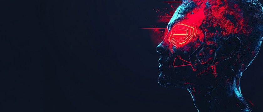 Cybernetic profile silhouette with vibrant red accents, digital illustration on a dark background