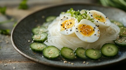 Delicate glass noodles topped with soft-boiled eggs, sesame seeds, and cucumber slices