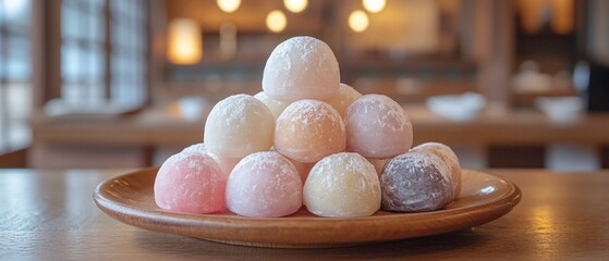 Delicate mochi pyramid on wooden plate, pastel colors, blurred cafe background