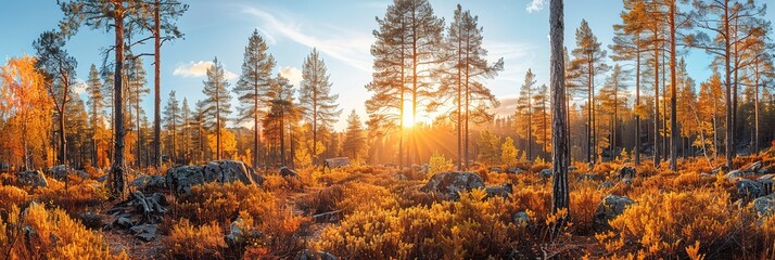 Scenic autumn forest landscape with sunbeams filtering through the trees.  Golden and orange foliage with a bright blue sky.