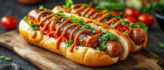 Delicious grilled sausages with toppings and buns, served on a wooden board