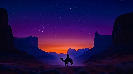 Desert sunset, lone camel rider silhouetted against vibrant twilight sky and starlit night