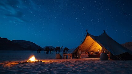 Desert night camp with lit tent, campfire, camels