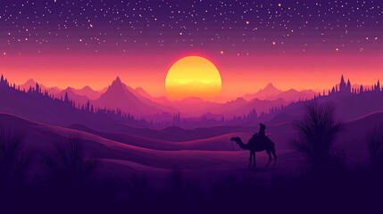 Desert sunset scene. Silhouette of rider on camel, mountains, stars, and vibrant hues