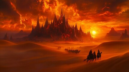 Desert travelers trek toward a fiery, ominous castle at sunset