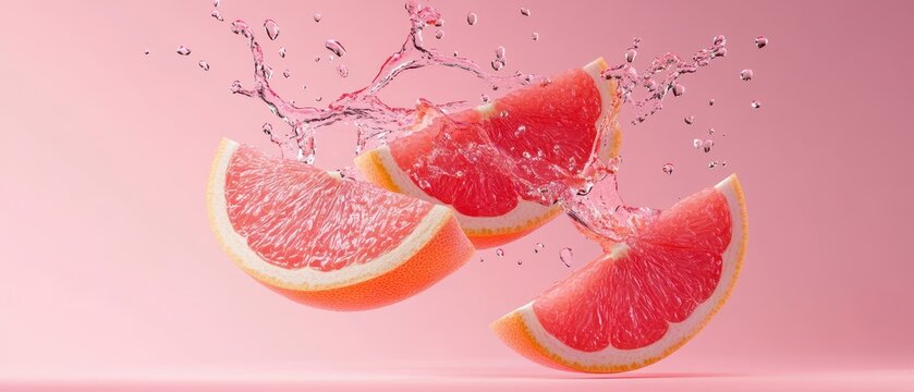 Fresh slices of juicy grapefruit with water splash on pink background - Powered by Adobe