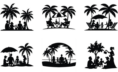 Person Relaxing on Beach Chair Under Umbrella and Palm Tree Silhouette Vector &ndash; Coastal Leisure Scene, Tropical Vacation Mood, and Summer Seaside Chill Design