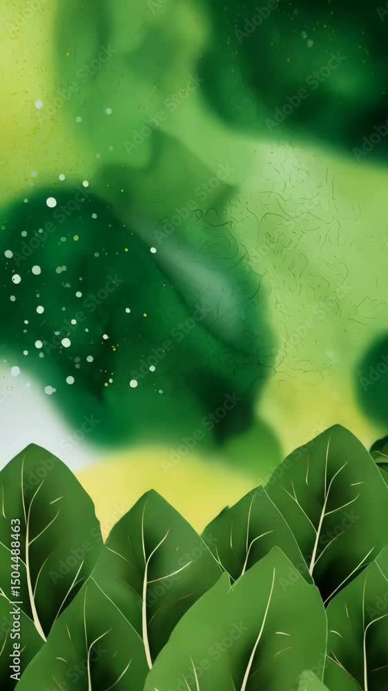 Poster abstract green botanical background with foliage and bokeh dots creating a calming and organic aesth