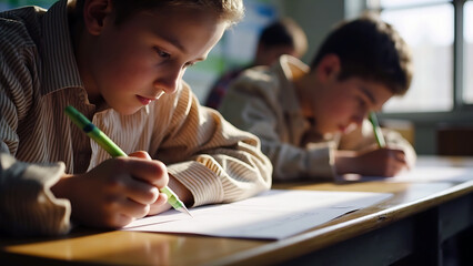 Focused student writing in classroom and attending exam
