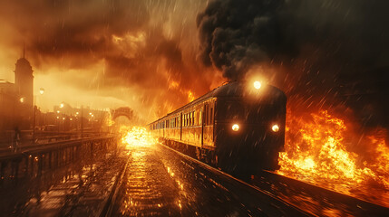 A train travels rapidly on its tracks, completely surrounded by flames and thick smoke, creating a dramatic and chaotic atmosphere during a violent storm