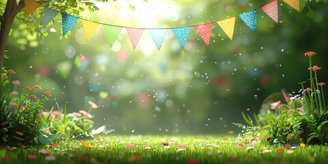 A colorful banner hangs in a lush green garden with flowers and bokeh effects.  Perfect for a festive celebration, party, or summer event.