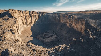 Dramatic, vast canyon with steep, eroded cliffs and flat surroundings