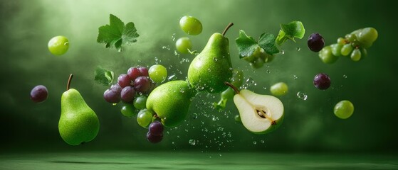 Fresh assorted fruits with green pears and grapes on green background