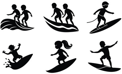 Kids Surfing Silhouette Vector Set – Children Riding Waves, Beach Fun Activity, Youth Surfing Action, and Summer Ocean Adventure Design