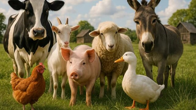 A whimsical farm animal gathering with a cow, goat, sheep, pig, donkey, chicken, and duck. Shot from a low angle, resembling a children's video style. Live desktop wallpaper.