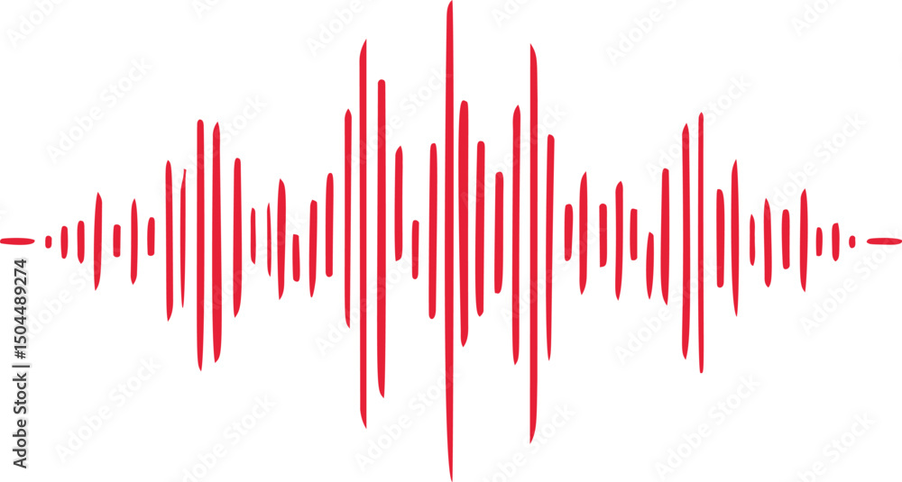 Poster Red audio waveform pattern with symmetrical peaks. Vector illustration