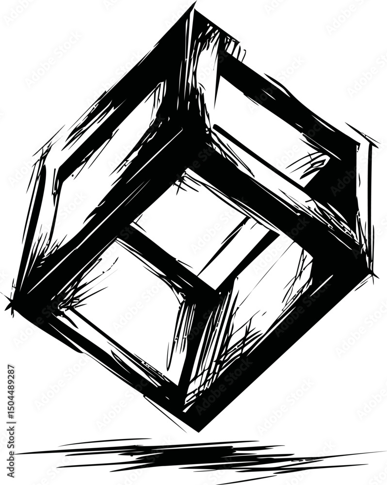 Poster abstract black and white sketch of an impossible geometric cube drawing. vector illustration