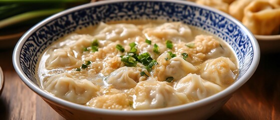 Dumplings in broth with chives in a decorative bowl on wooden table