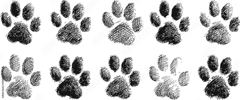 Poster black and white sketched paw print patterns. vector illustration