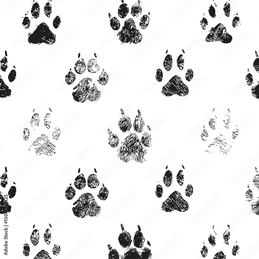 Poster seamless pattern of black animal paw prints with sketched texture. vector illustration