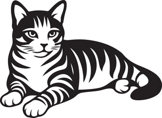 Relaxed tabby cat black and white illustration, Elegant lounging cat flat design