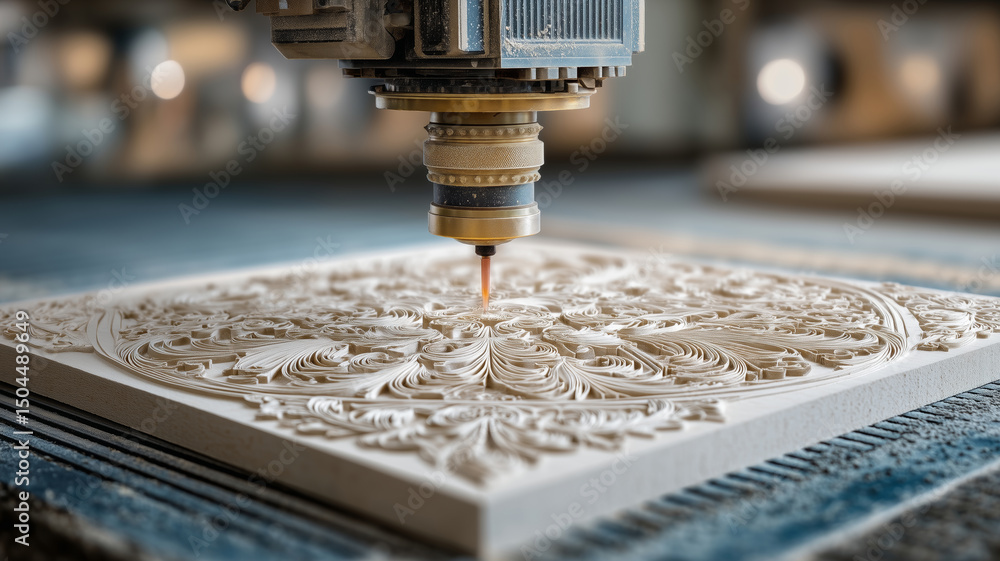 Poster Intricate design carving in a CNC machine workshop setting