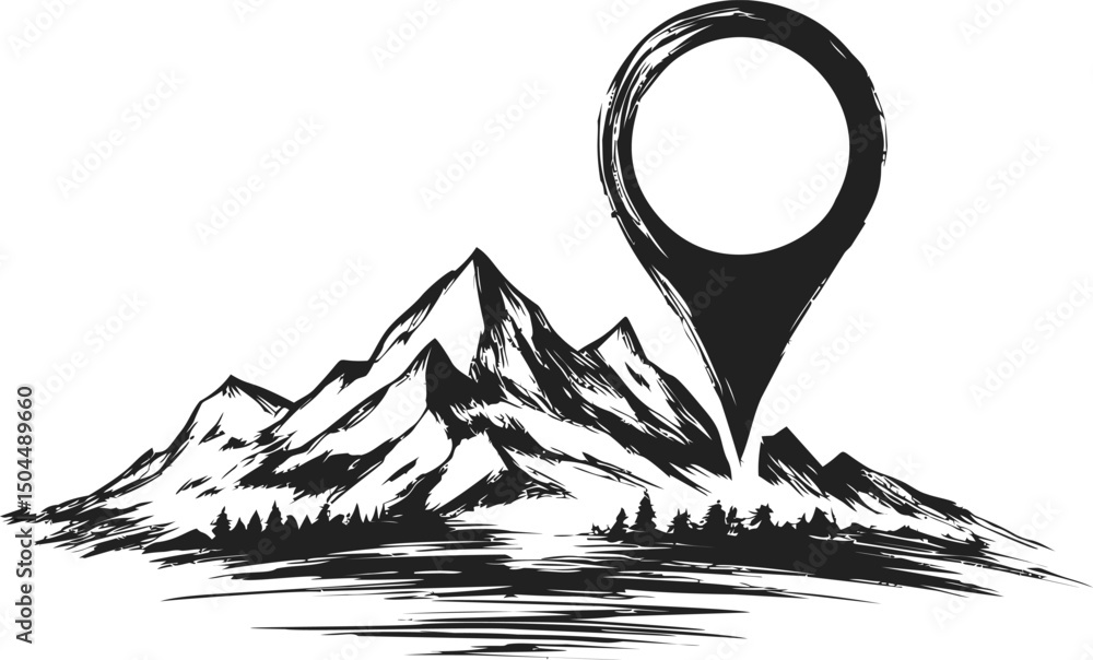 Poster Monochrome mountain landscape with location pin showing navigation concept. Vector illustration