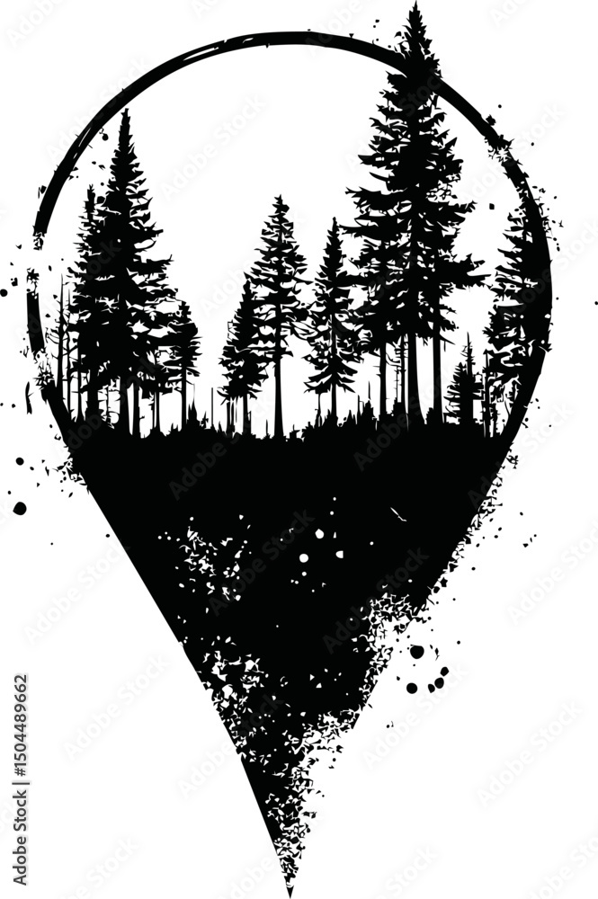Poster silhouette of trees forming a location pin with artistic splatter design. vector illustration