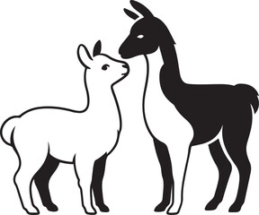 Two llamas touching noses illustration, Affectionate llama pair black and white