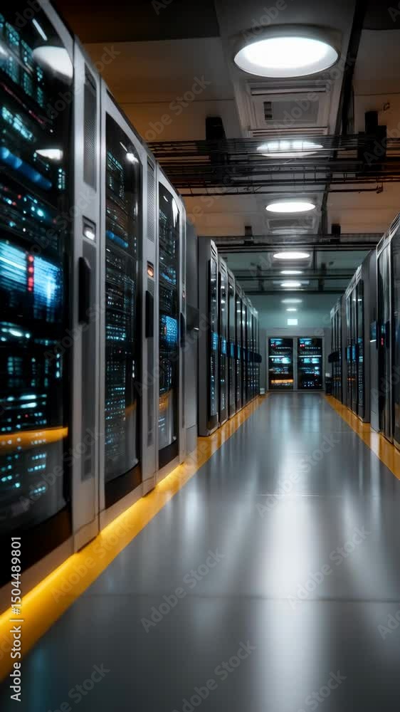 Poster server room with rows of computer servers, data processing equipment, and network hardware in a tech