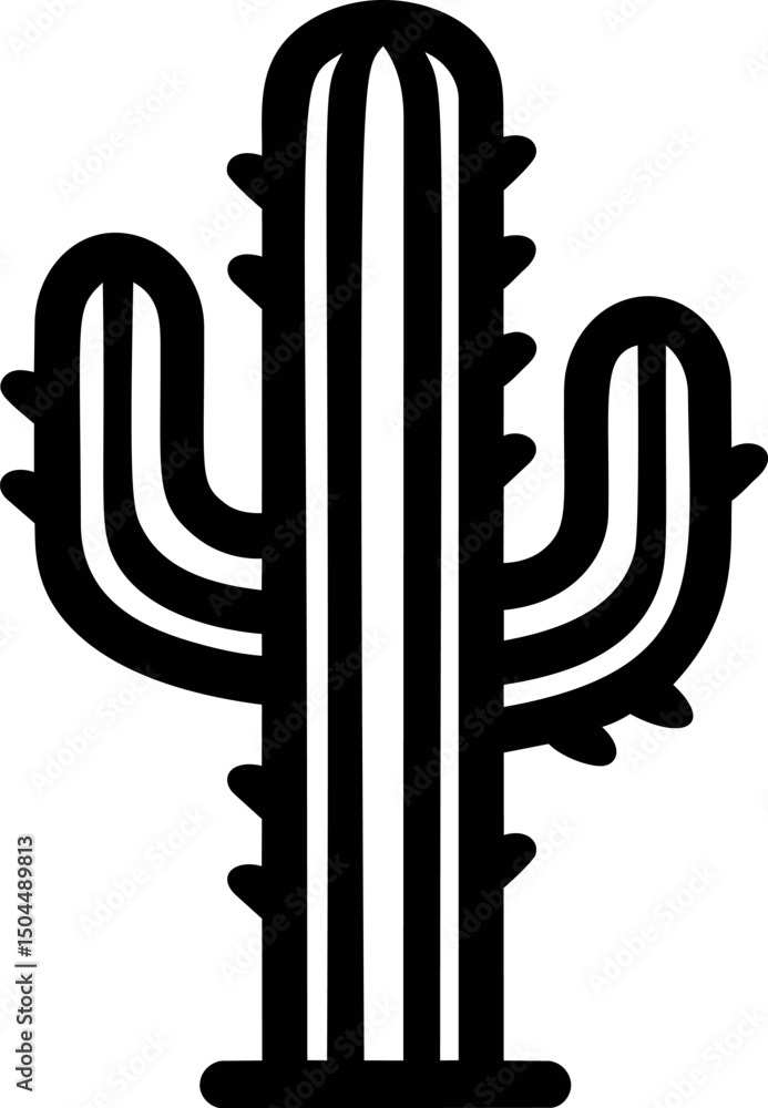 Poster black and white outline of tall cactus with multiple arms. vector illustration