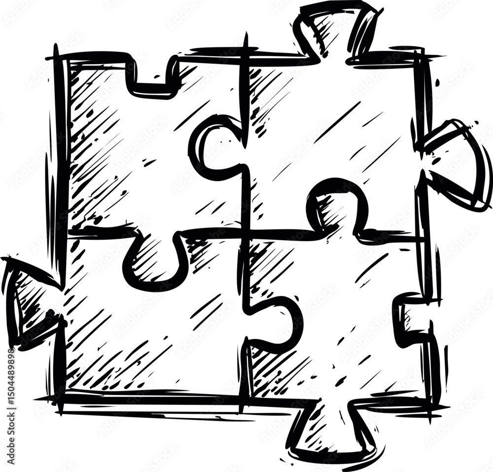 Aufkleber sketch of four interlocking black puzzle pieces with rough edges. vector illustration
