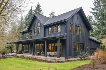 Modern dark exterior house design situated in a serene forest setting featuring large windows and a spacious porch surrounded by lush greenery during the daytime