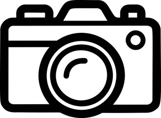 Black and white camera icon with simple lines on a plain background. Vector illustration