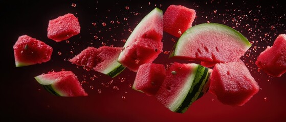 Fresh watermelon slices with juicy droplets on dark red background