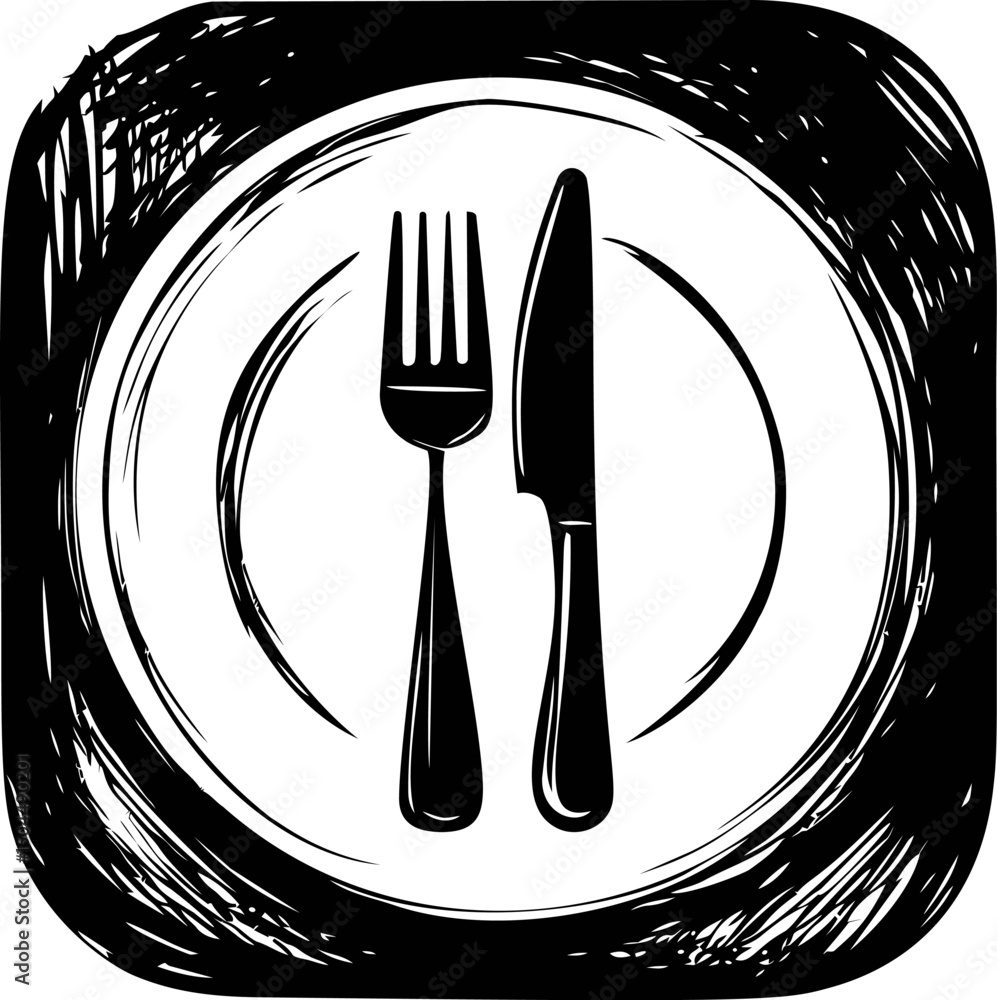 Poster monochrome illustration of fork and knife on a plate with abstract border. vector illustration