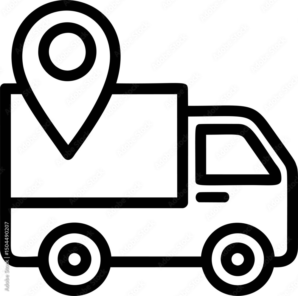 Poster truck with map pin icon symbolizing location-based delivery services. vector illustration