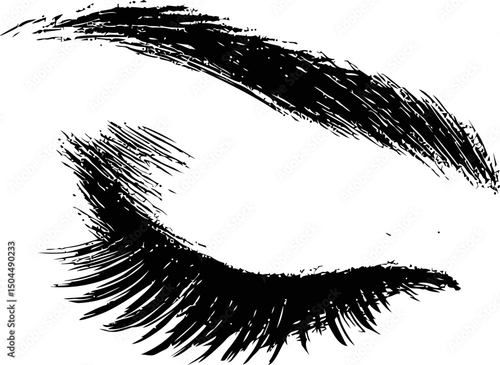 Poster black sketch of a closed eye with eyebrow and eyelashes in artistic style. vector illustration
