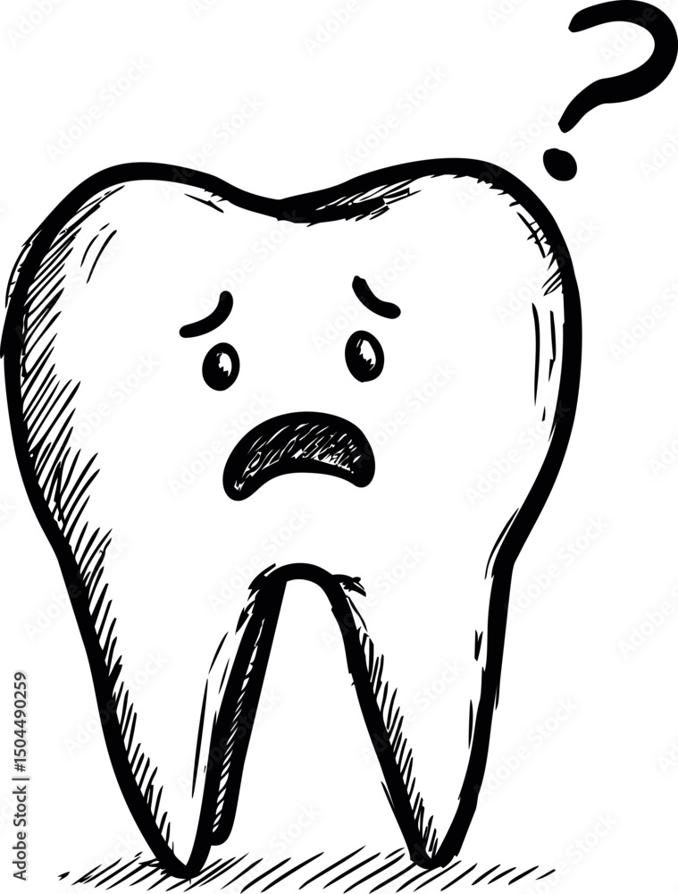 Poster Sketch of a sad tooth with a questioning expression and question mark above. Vector illustration