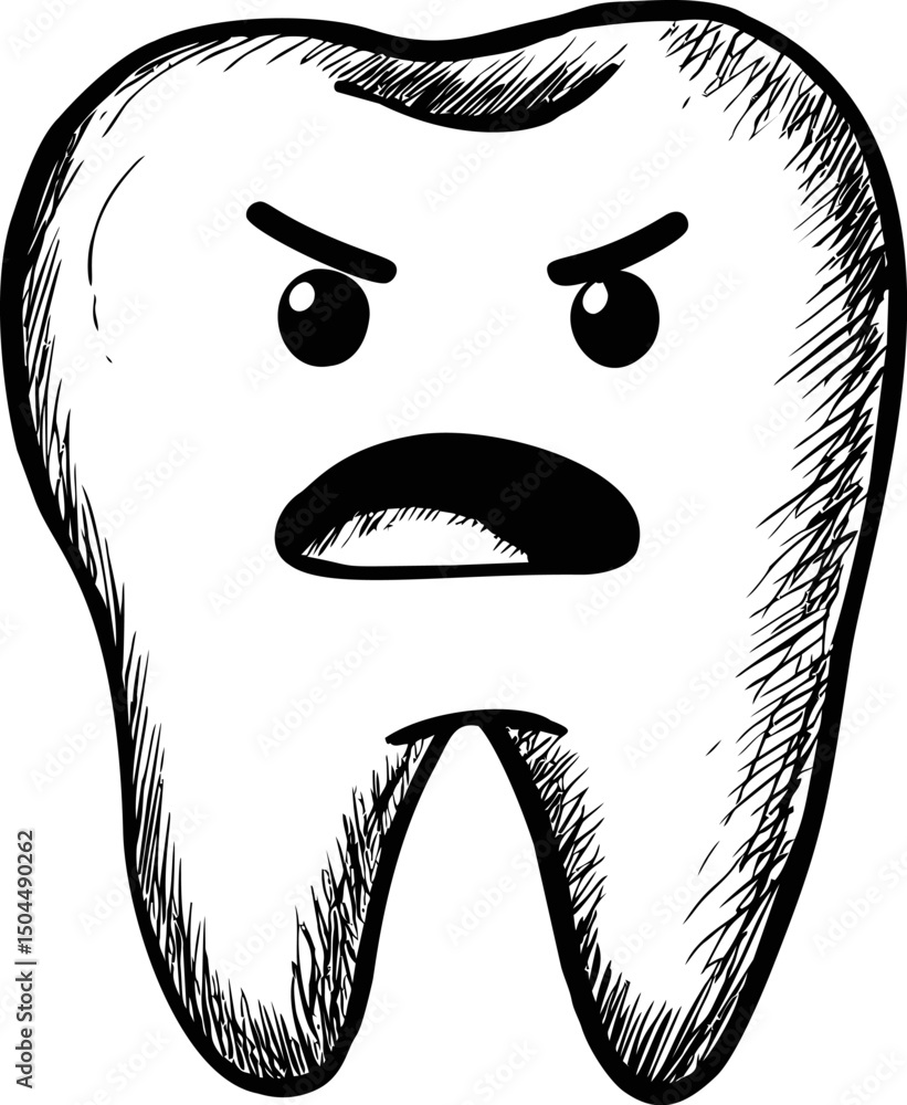 Aufkleber angry cartoon tooth with expressive eyes and bold eyebrows in monochrome sketch. vector illustration