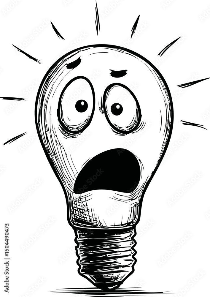 Poster sketch of a distressed light bulb with shocked expression in black and white. vector illustration