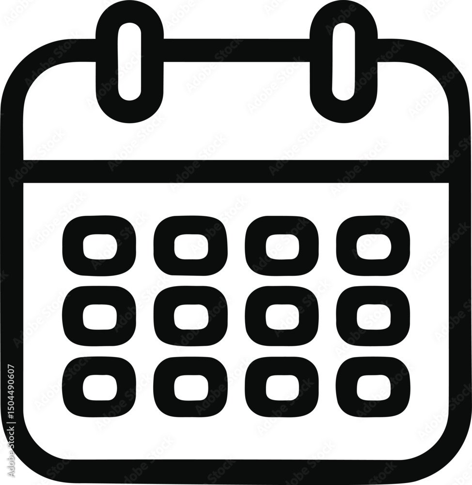 Poster simple black and white calendar icon with a grid of squares, minimal design. vector illustration