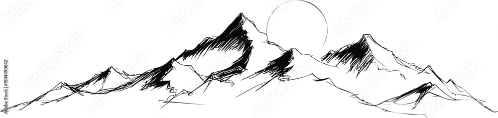 Poster monochrome sketch of mountain range with sun rising in the background. vector illustration