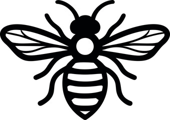 Monochrome silhouette of a bee with detailed wings and striped body. Vector illustration