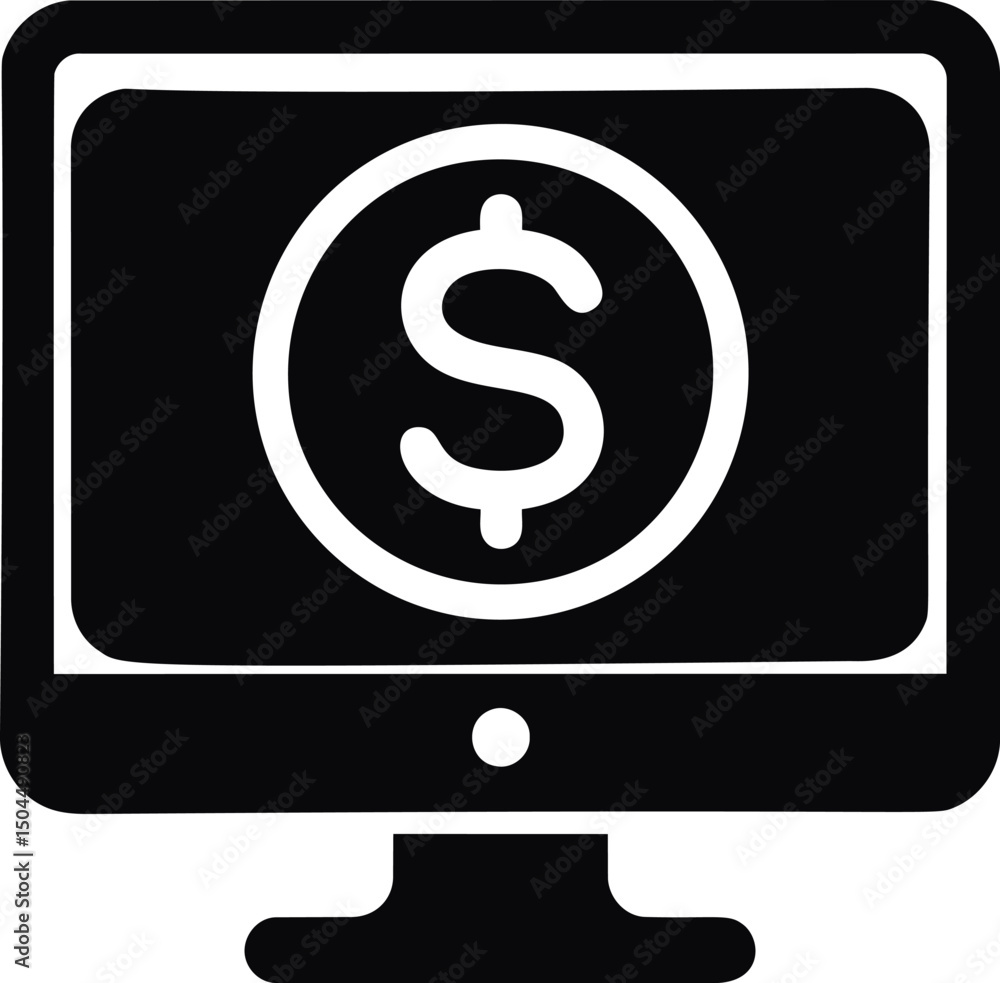 Poster black and white icon of a computer monitor with a dollar symbol, symbolizing e-commerce. vector illu
